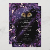 Gotische Skulls und Lila Rose Halloween Hochzeit Einladung (Vorne/Hinten)