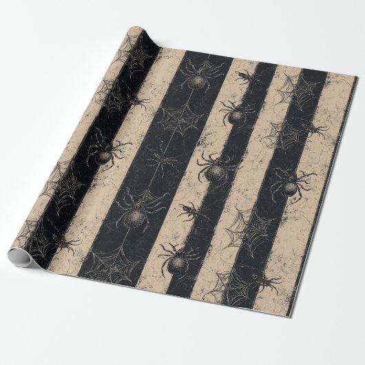 Gotische Spinne und gestreiftes Halloween-Muster Geschenkpapier (Ungerollt)