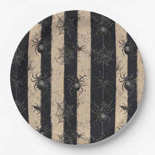 Gotische Spinne und gestreiftes Halloween-Muster Pappteller (Vorderseite)