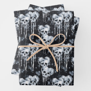 Gotische Spooky Skulls mit Herz Geschenkpapier Set