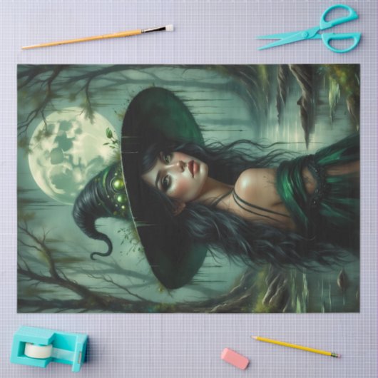 Gotische Sumpfhexe mit Smaragdglühen und Vollmond Seidenpapier (Basteln)