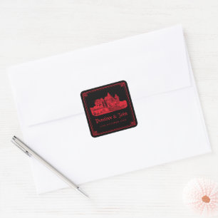 Gotische Vampir-Burg-Schwarz-Rot-Hochzeit Quadratischer Aufkleber