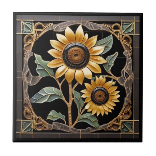 Gotische Vintage Gelbblüten auf schwarz Fliese (Vorderseite)