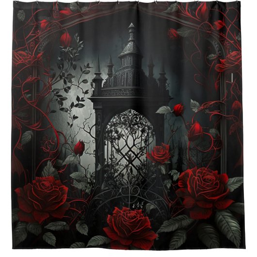 Gotischer Friedhof Rose Garten mit Rot und Schwarz Duschvorhang (Vorderseite)