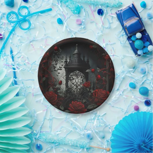 Gotischer Friedhof Rose Garten mit Rot und Schwarz Pappteller (Party)