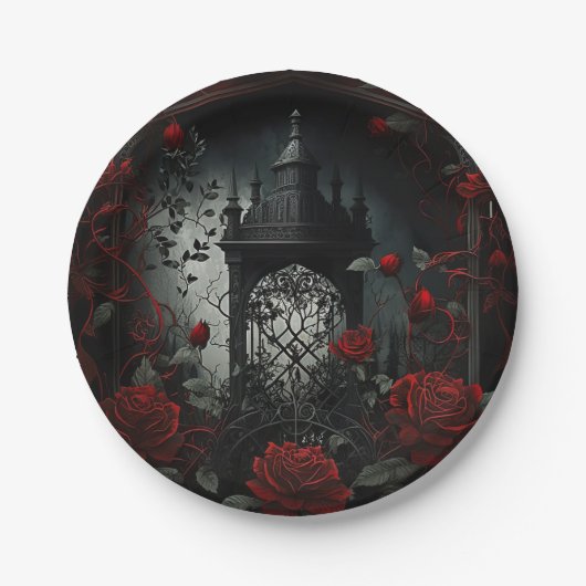 Gotischer Friedhof Rose Garten mit Rot und Schwarz Pappteller (Vorderseite)