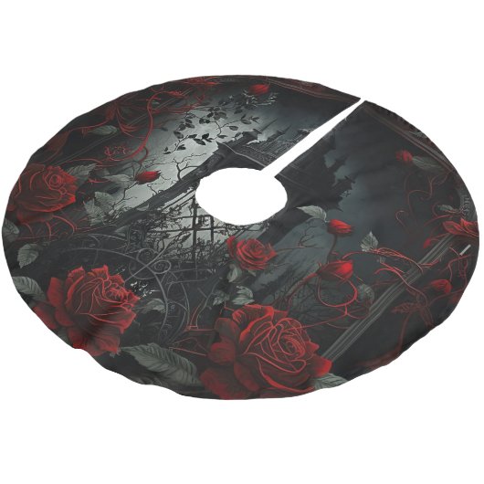 Gotischer Friedhof Rose Garten mit Rot und Schwarz Polyester Weihnachtsbaumdecke (Schrägansicht)