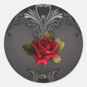 Gotischer Glamour Rote Rose Schwarzer Ornamental G Runder Aufkleber