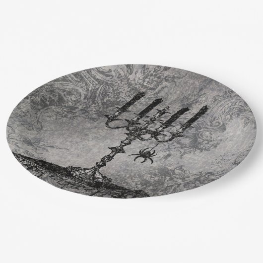 Gotischer Kerzenständer mit Spinne, Halloween Pappteller (Schrägansicht)