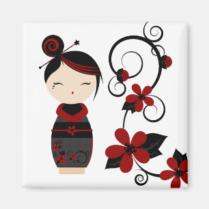 Gotischer Kokeshi und Blumen-Magnet Magnet