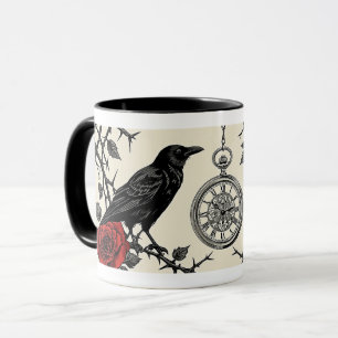 Gotischer Raben Uhr und Rosen Tasse