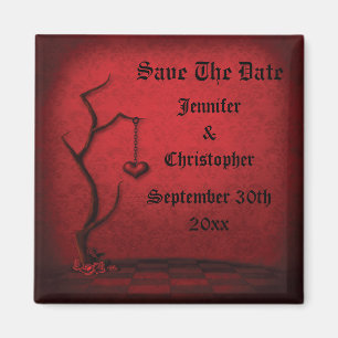 Gotischer Save the Date Herz-Baum u. roter Damast Magnet