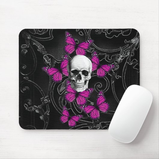 Gotischer Schädel u. lila Schmetterlinge Mousepad (Mit Mouse)