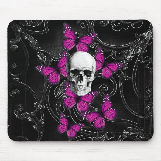 Gotischer Schädel u. lila Schmetterlinge Mousepad (Vorne)