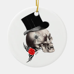 Gotischer Schädel und Tätowierungsstil der Rose Keramikornament