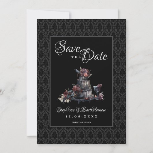 Gotischer schwarzer Damast-Foto Save-the-Date Save The Date (Vorderseite)