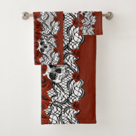Gotischer Stil, schwarze Spitzen, Skulls und rote  Badhandtuch Set