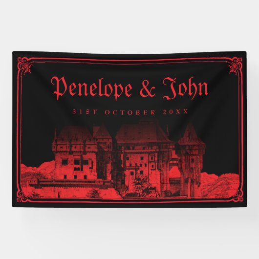 Gotischer Vampir-Burg-Rand Schwarz Rot Hochzeit Banner (Horizontal)