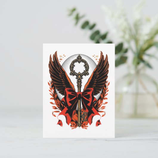 Gotischer Velvet-Bow-Schlüssel mit Flügeln & Mond Ankündigungspostkarte (Stehend Vorderseite)