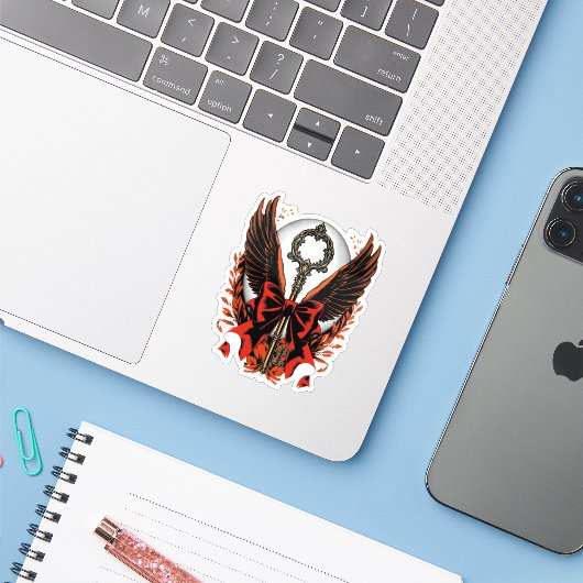 Gotischer Velvet-Bow-Schlüssel mit Flügeln & Mond Aufkleber (Laptop mit iPhone)