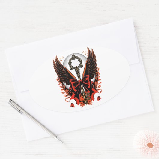 Gotischer Velvet-Bow-Schlüssel mit Flügeln & Mond Ovaler Aufkleber (Umschlag)