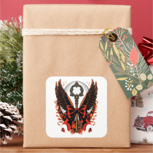 Gotischer Velvet-Bow-Schlüssel mit Flügeln & Mond Quadratischer Aufkleber