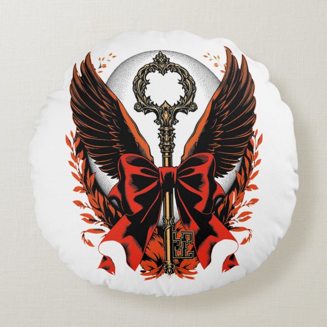 Gotischer Velvet-Bow-Schlüssel mit Flügeln & Mond Rundes Kissen (Vorderseite)