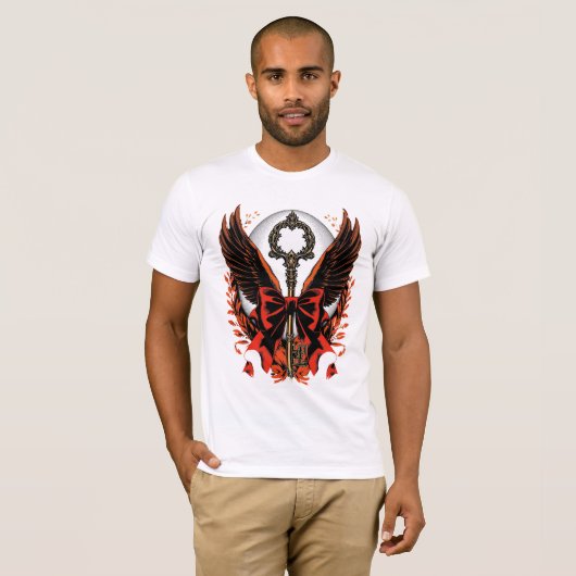 Gotischer Velvet-Bow-Schlüssel mit Flügeln & Mond T-Shirt (Vorne ganz)