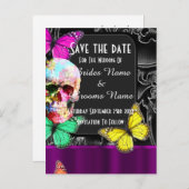 Gotischer Zuckerschädel und schwarz Save the Date Ankündigungspostkarte (Vorne/Hinten)