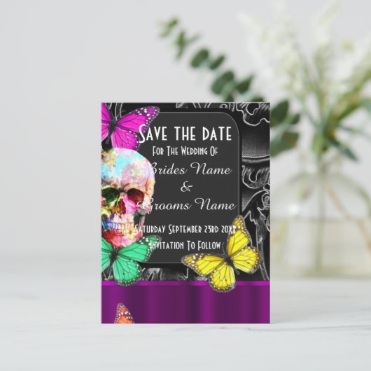 Gotischer Zuckerschädel und schwarz Save the Date Ankündigungspostkarte (Stehend Vorderseite)