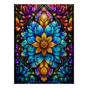Gotisches Buntglas-Blumenmandala - Blau und Gold Poster