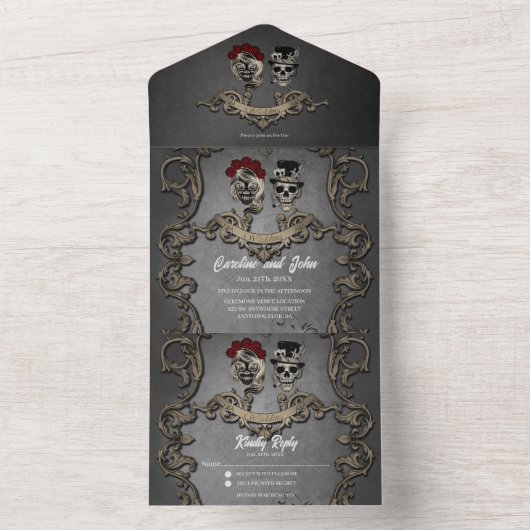 Gotisches Design mit coolen Schädel All In One Einladung (Innen Boden)