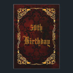 Gotisches Goldgerahmter 50. Geburtstag Einladung<br><div class="desc">Elegante personalisierte/personalisierte kundenspezifische gotische 50. Geburtstags-Party-Feiereinladungen für Frauen. Mit einem schönen Goldrahmen des verzierten Wirbel und atemberaubenden des schwarzen Damastes druckte ein Muster auf einem dekorativen dunkelroten Grungehintergrund. Die Rückseite dieses coolen gotischen Geburtstages laden hat den gleichen Entwurf mit genügendem Raum ein, damit Sie mit Ihren Ereignisdetails personifizieren. Aller Text...</div>