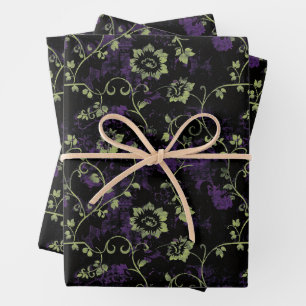Gotisches Halloween-lila botanisches Muster Geschenkpapier Set