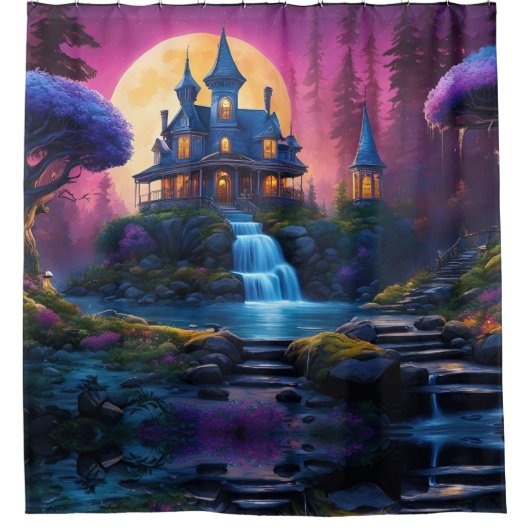 Gotisches Haus auf dem Hügel mit Wasserfällen Duschvorhang (Vorderseite)