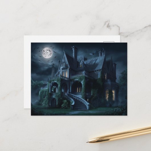 Gotisches Herrenhaus unter Vollmond mit Fledermäus Postkarte (Vorderseite/Rückseite Beispiel)