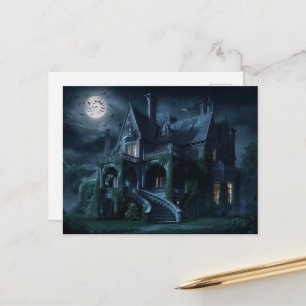 Gotisches Herrenhaus unter Vollmond mit Fledermäus Postkarte