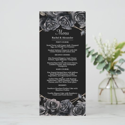 Gotisches Hochzeitmenü Dark Black Floral Gothic Me Menükarte (Stehend Vorderseite)
