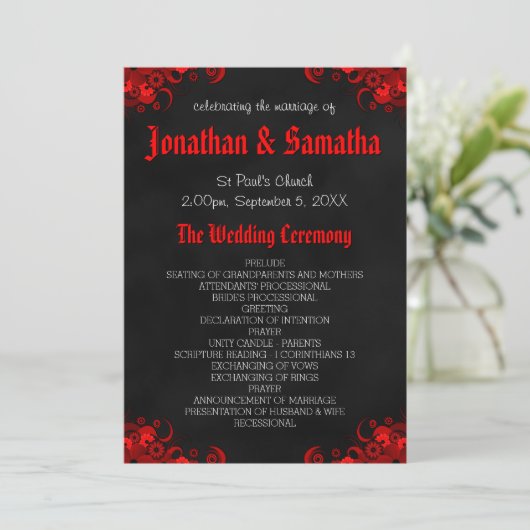 Gotisches Hochzeitsprogramm für Red Floral Black C Programm (Stehend Vorderseite)