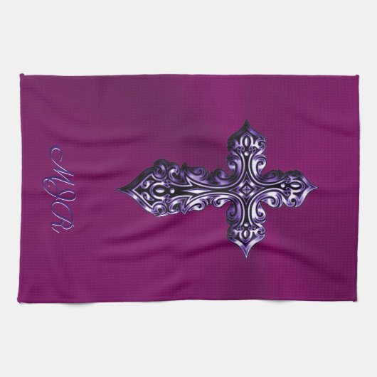 Gotisches Kreuz in Lila Form mit Monogramm Geschirrtuch (Horizontal)