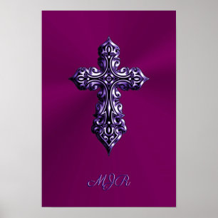 Gotisches Kreuz in Lila Form mit Monogramm Poster