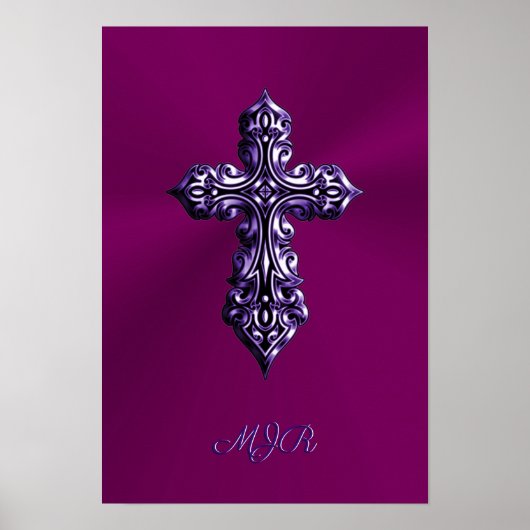 Gotisches Kreuz in Lila Form mit Monogramm Poster (Vorne)