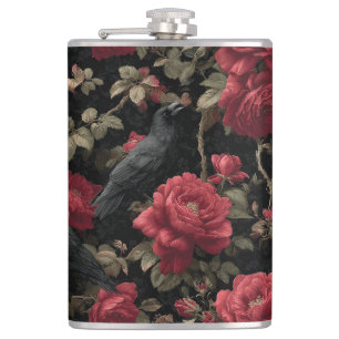 Gotisches Muster mit Rote Rosen und Krähen Flachmann