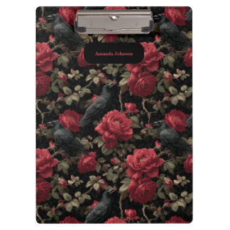 Gotisches Muster mit Rote Rosen und Krähen Klemmbrett