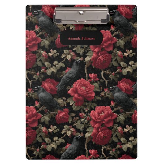 Gotisches Muster mit Rote Rosen und Krähen Klemmbrett (Vorderseite)