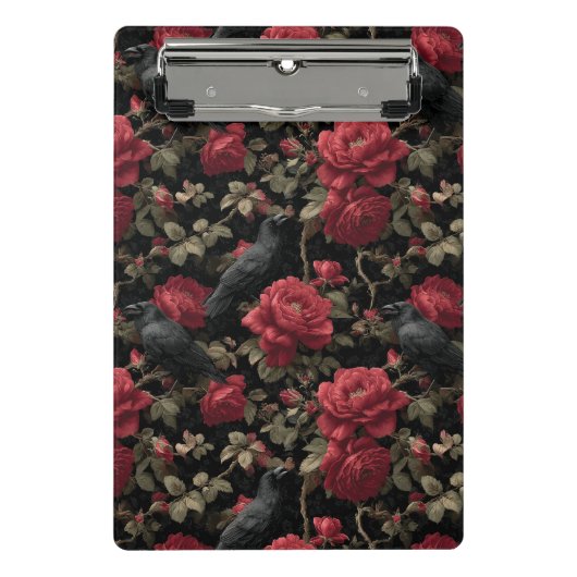 Gotisches Muster mit Rote Rosen und Krähen Mini Klemmbrett (Vorderseite)