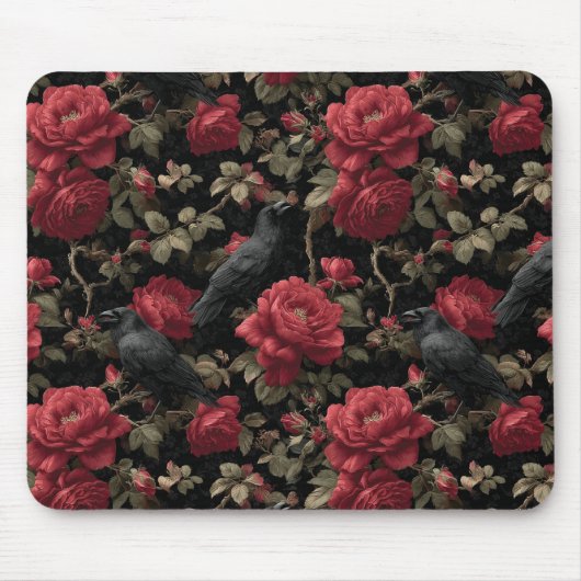 Gotisches Muster mit Rote Rosen und Krähen Mousepad (Vorne)
