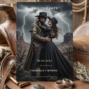 Gotisches Paar Dunkle Western Hochzeitstag-Ankündi Save The Date