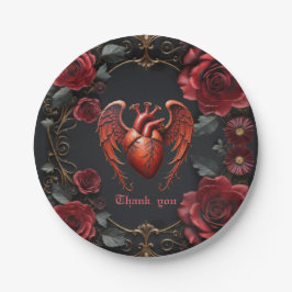 Gotisches Rotes Herz mit Rose - Dunkle Romantik Pappteller