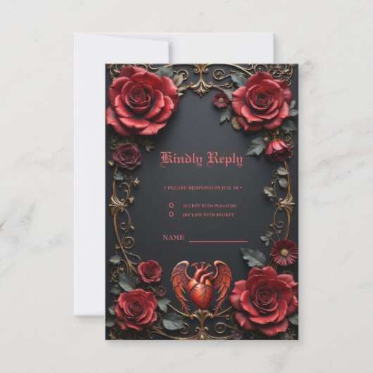 Gotisches Rotes Herz mit Rose - Dunkle Romantik RSVP Karte (Vorderseite)